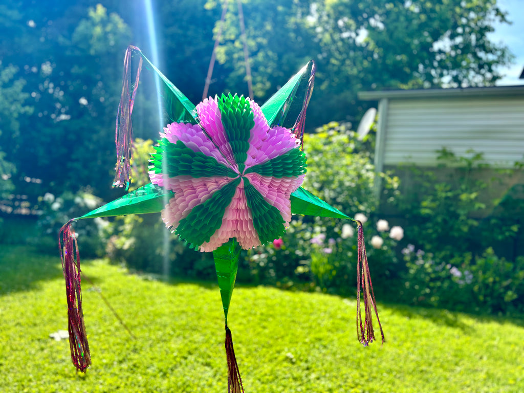 pink and green wicked pinata outside with grassy background