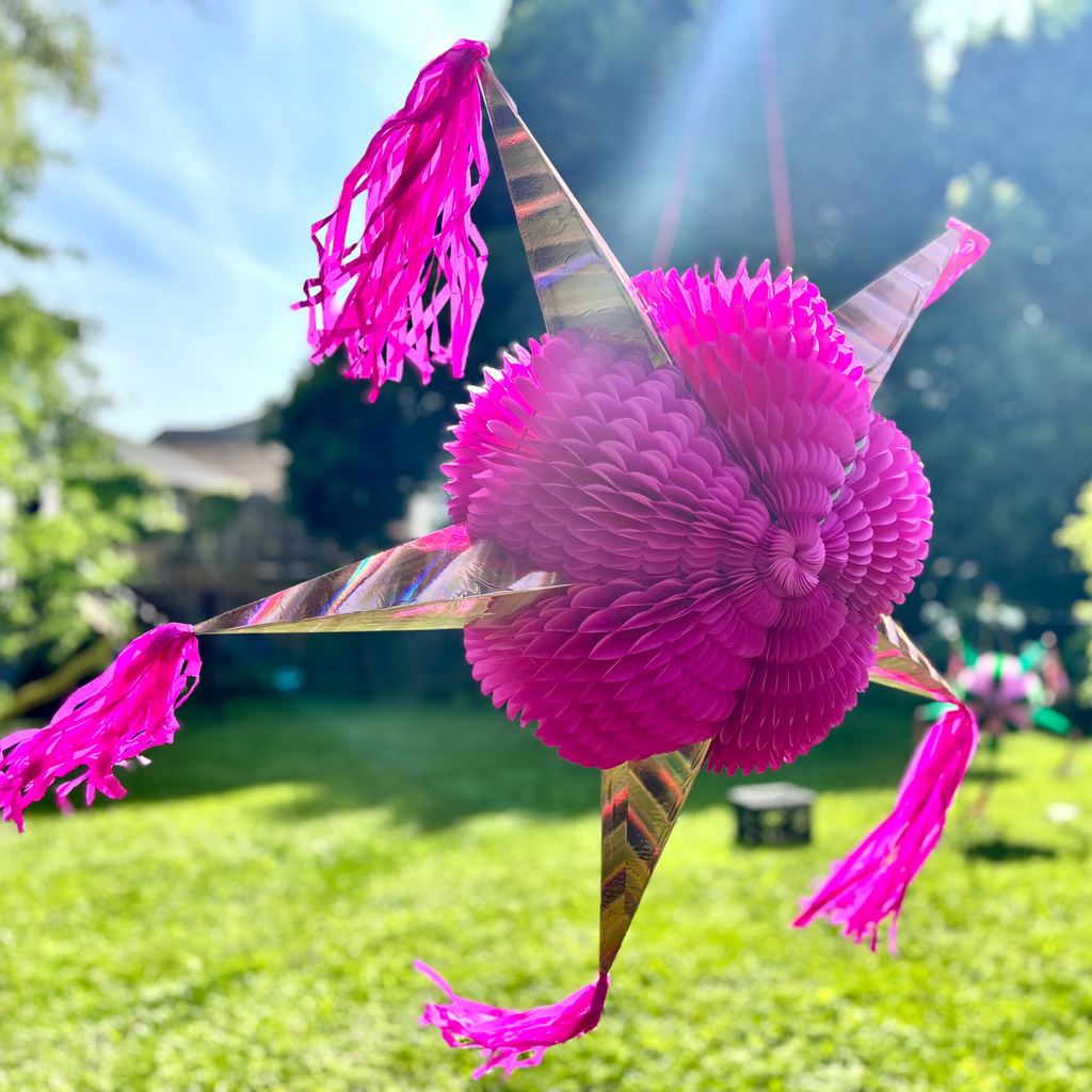 Pink party pinata with tassels on a grassy outdoor background