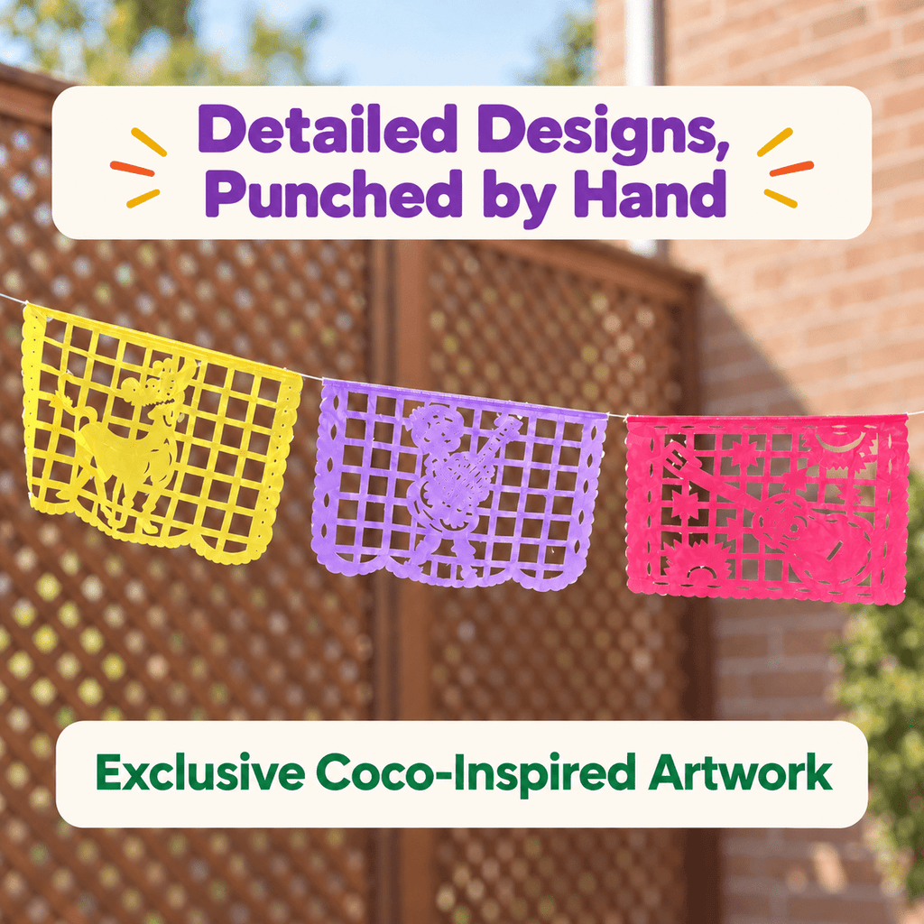 Three colorful hand-punched papel picado banners in yellow, purple, and pink hang across a wooden fence outdoors. Text overlays read 'Detailed Designs, Punch by Hand' and 'Exclusive Coco-Inspired Artwork'.