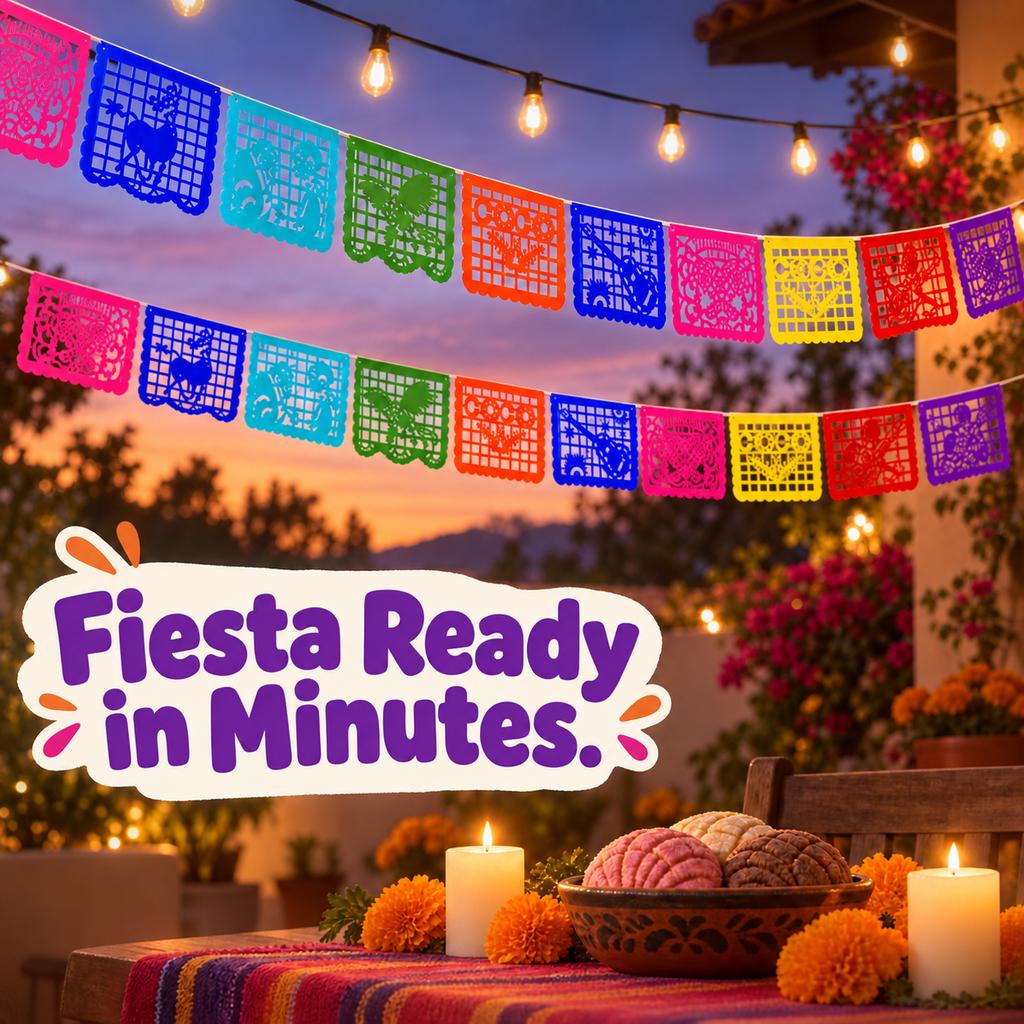 A festive outdoor patio scene decorated with colorful papel picado banners strung across the sky, warm string lights, candles, marigolds, and a bowl of tamales. A large text overlay reads 'Fiesta Ready in Minutes.