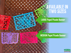 Colorful Papel Picado banner with text indicating available sizes on a wooden lattice background.