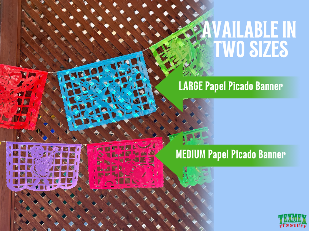 Colorful Papel Picado banner with text indicating available sizes on a wooden lattice background.
