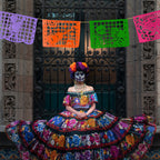 coco day of the dead papel picado party banner with woman in dress