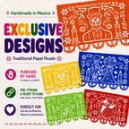 Promotional graphic for handmade Mexican Papel Picado banners, showing five colorful sample designs: orange, blue, yellow, green, and red. The orange design features a sugar skull with candles.