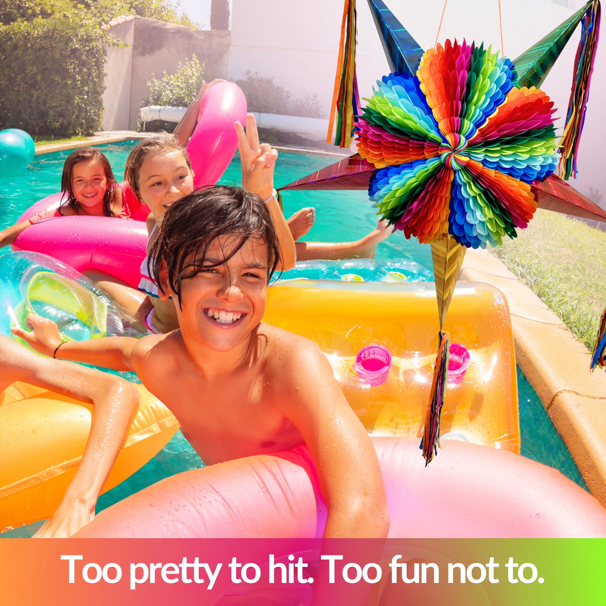 Large colorful piñata with kids in swimming pool