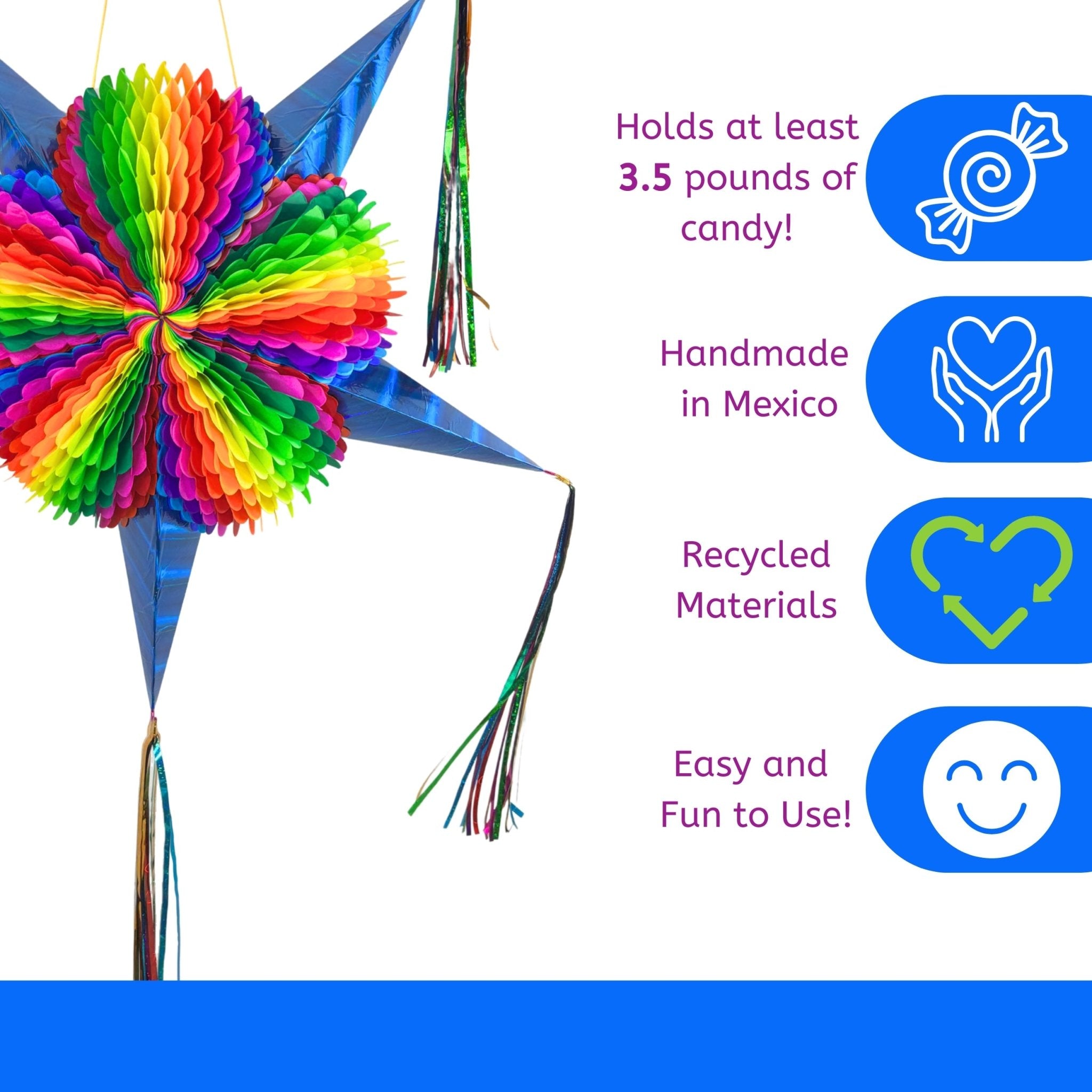 blue rainbow mexican star pinata - handmade Mexican party decoration