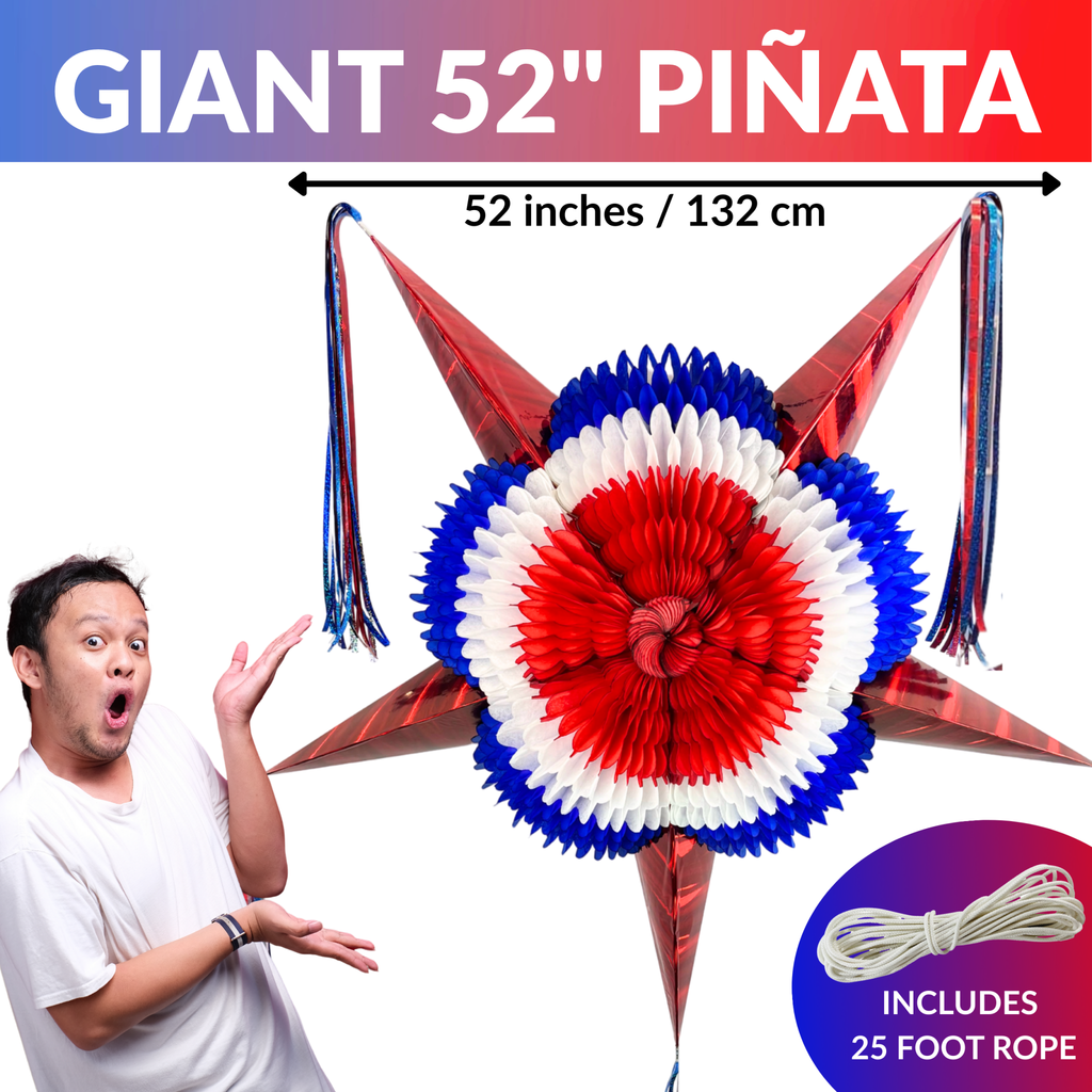 Giant 52-inch piánata with red, white, and blue design, including a rope, on a white background.