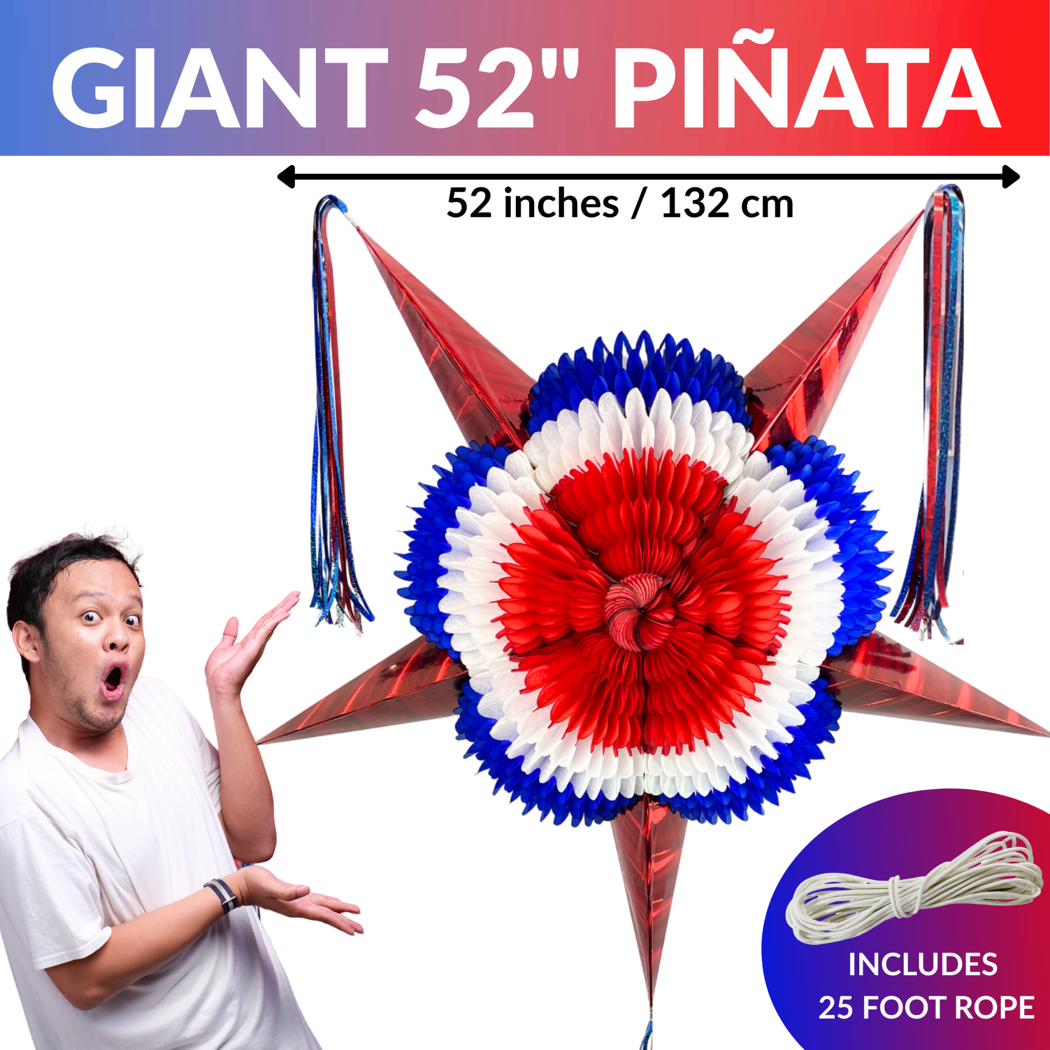 Giant 52-inch piánata with red, white, and blue design, including a rope, on a white background.