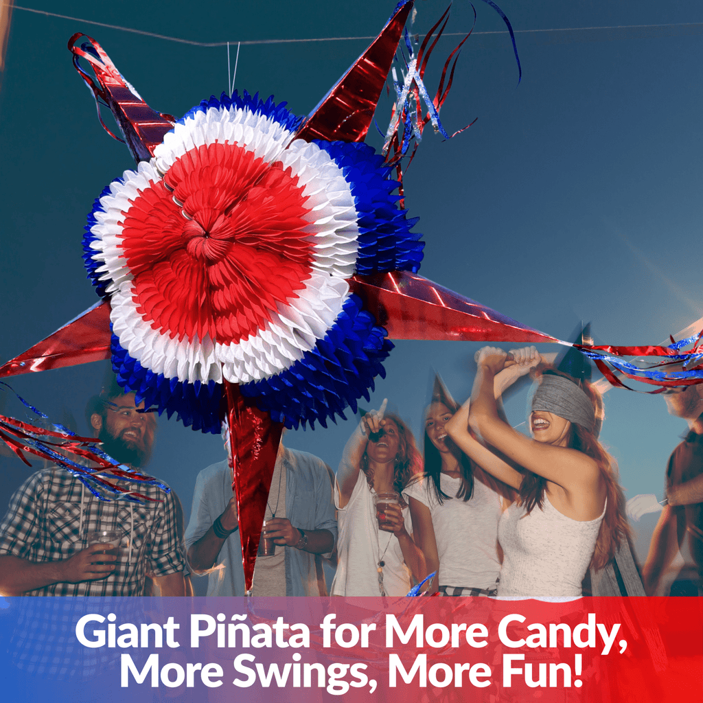 Giant piánata with red, white, and blue colors against a background of people celebrating.