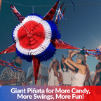 Giant piánata with red, white, and blue colors against a background of people celebrating.