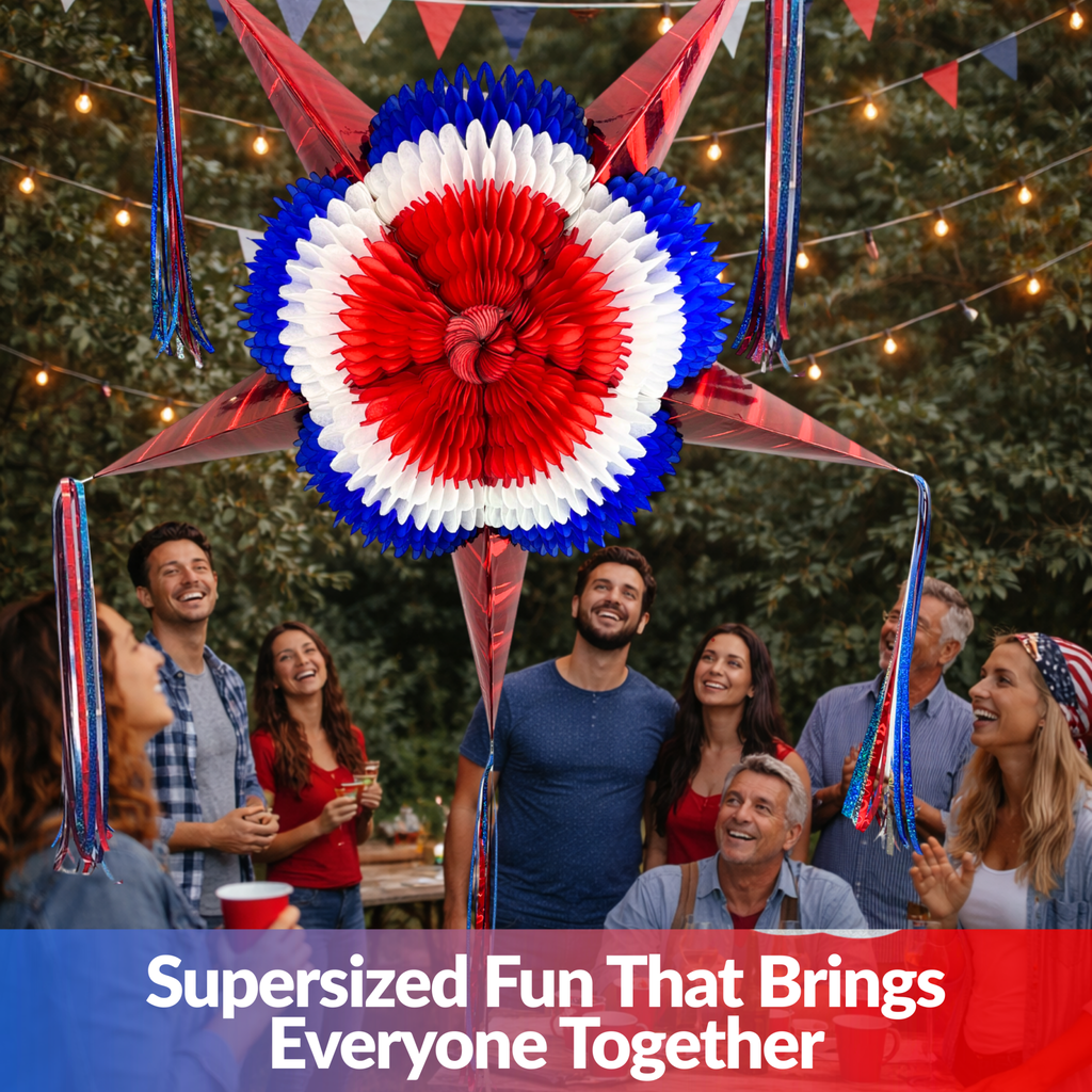 Group of people gathered outdoors with a large red, white, and blue usa pinata.