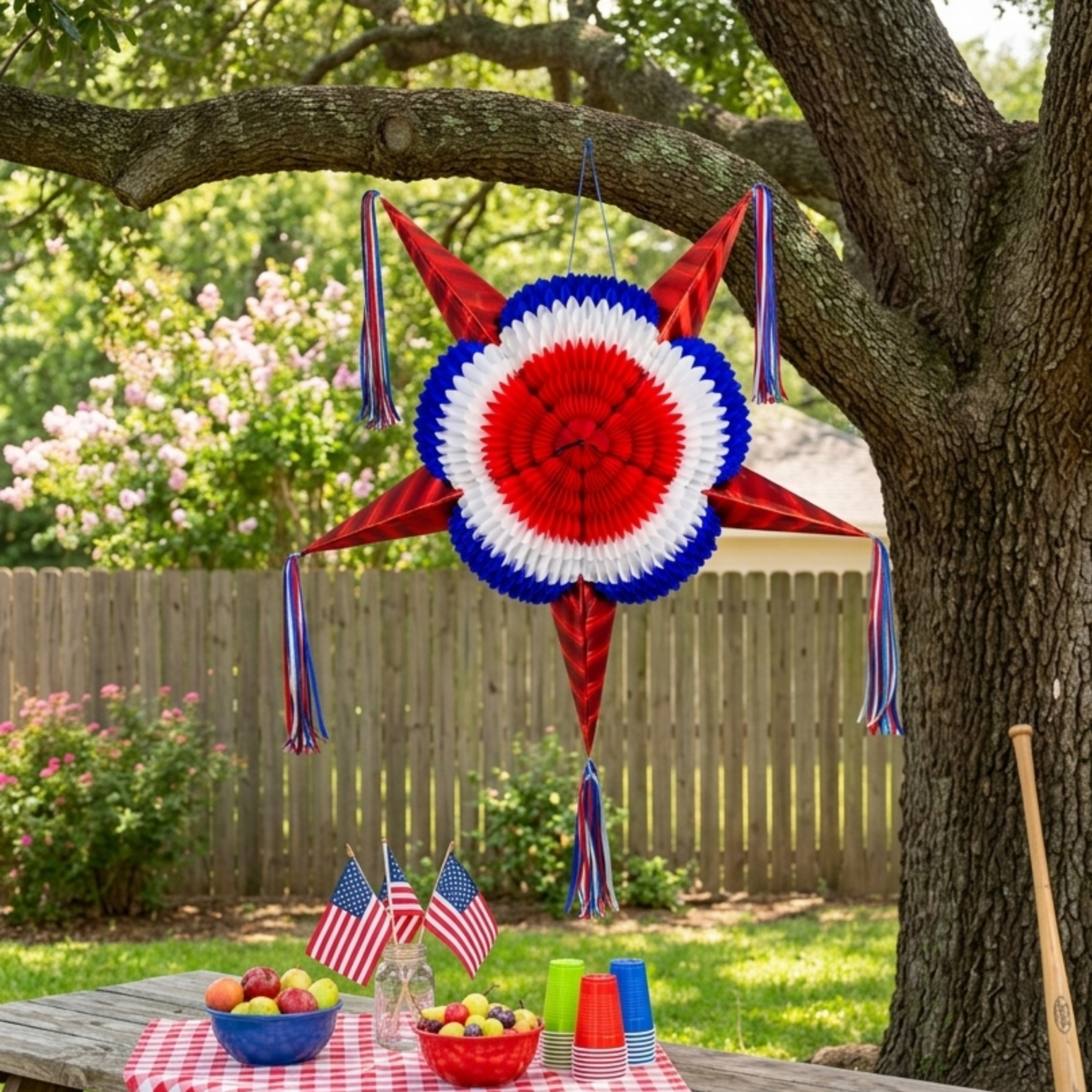Decorative paper piñata with red, white, and blue colors hanging from a tree branch outdoors.