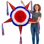 Woman holding a red, white, and blue star-shaped decoration with ribbons.