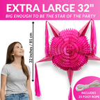 pink piñata on white background, graphic showing size