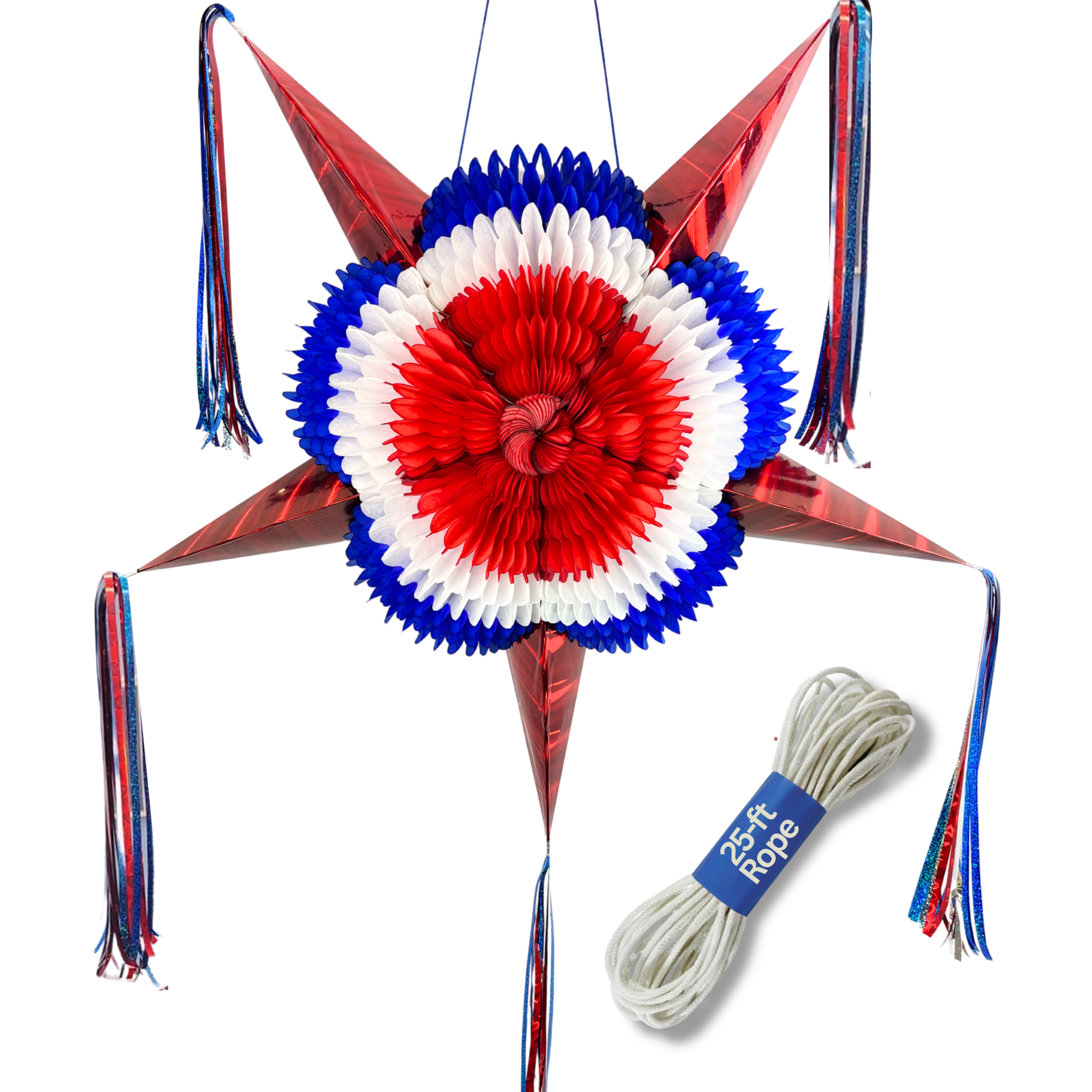 red white and blue mexican star pinata - handmade Mexican party decoration