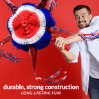 man on red background hitting red, white, and blue pinata with text "durable, strong construction"
