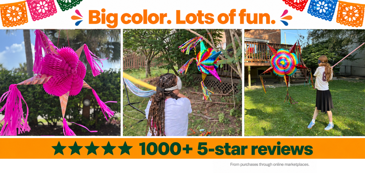 A promotional collage for colorful paper pinata decorations. The top banner reads 'Big color.